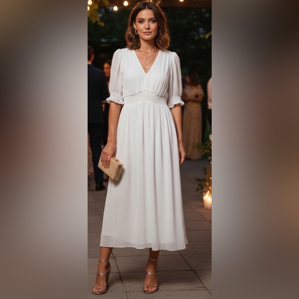 Dkny White V-Neck Long Sleeve Midi Dress